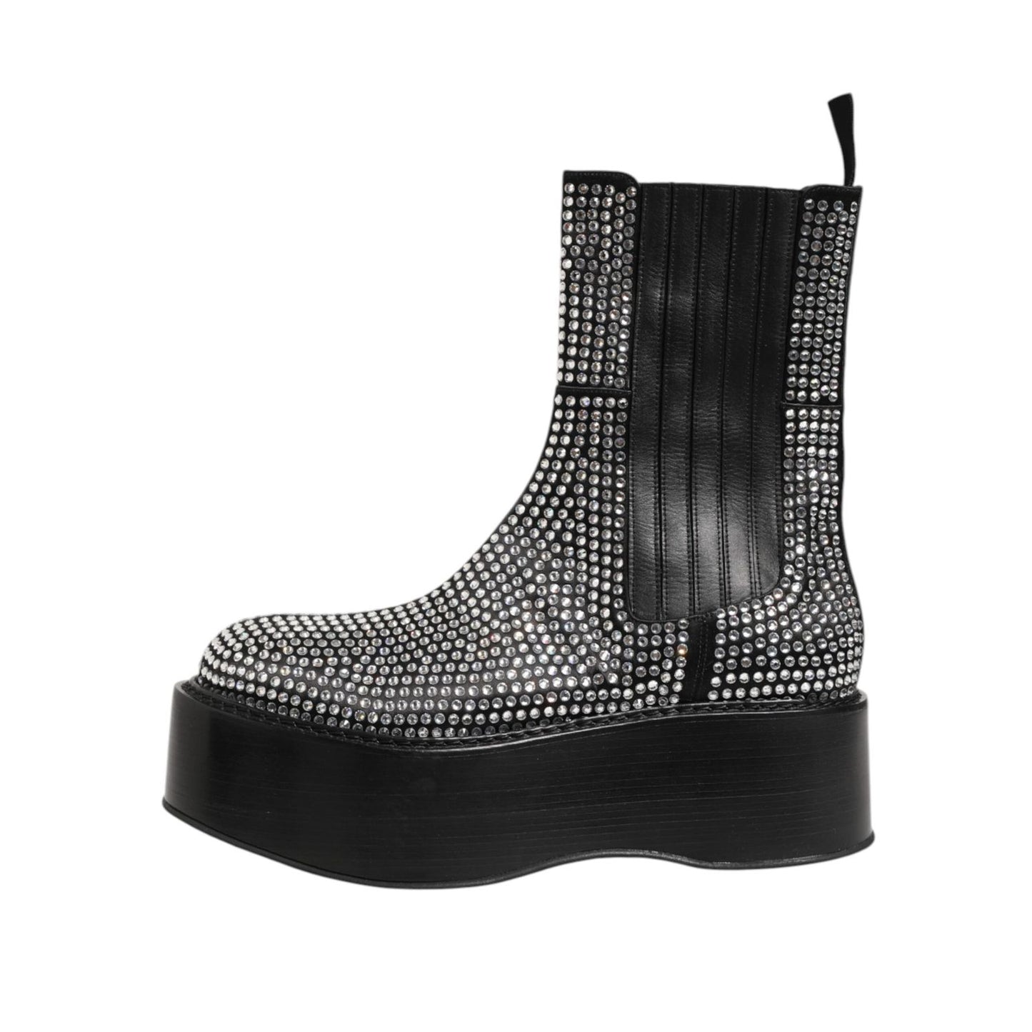 Dolce & Gabbana Black Crystal Strass Mid Calf Short Boots Shoes featuring sleek black leather and dazzling crystal embellishments.