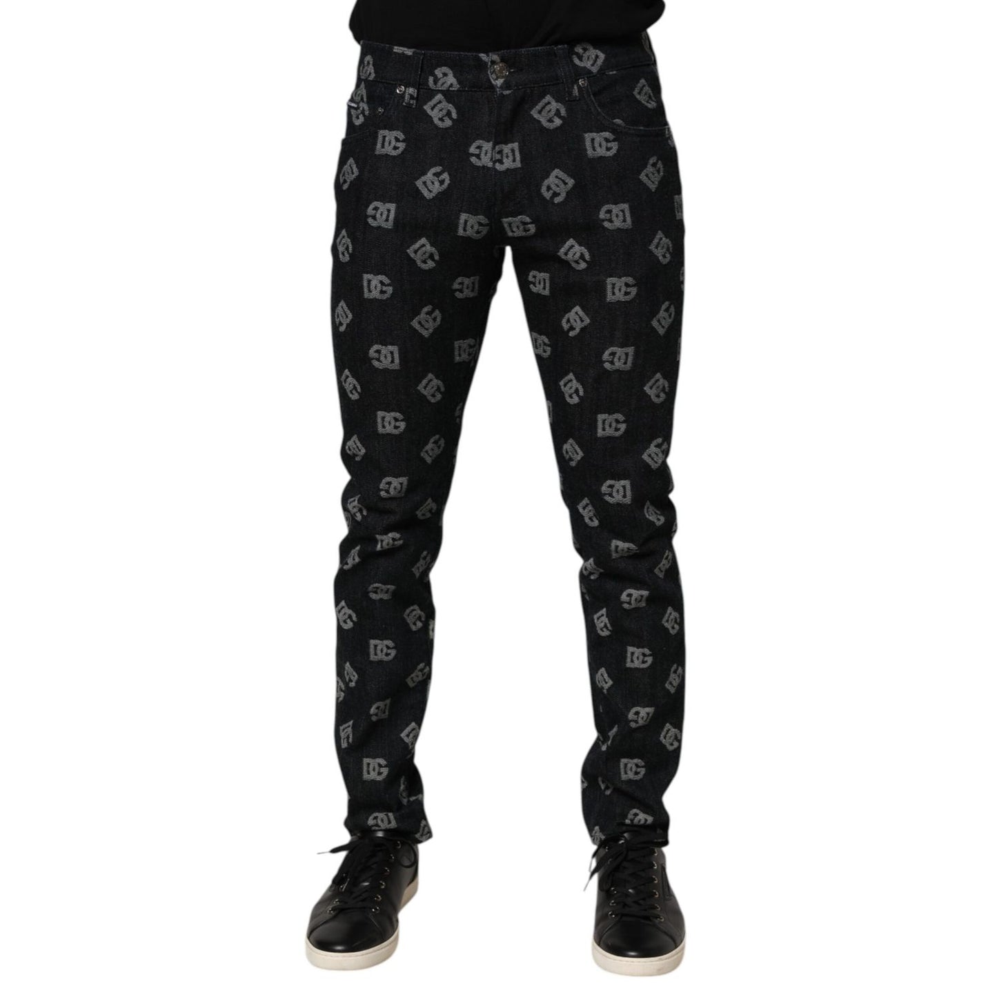 Alt Tag: Dolce & Gabbana Black DG Monogram Cotton Skinny Denim Jeans featuring iconic branding and modern design.