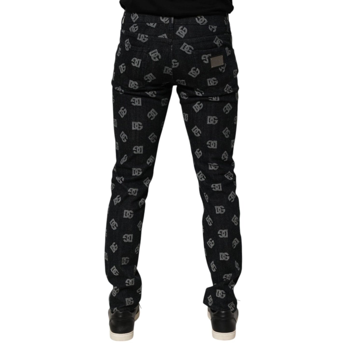 Dolce & Gabbana Black DG Monogram Cotton Skinny Denim Jeans, back view highlighting the iconic DG monogram pattern.
