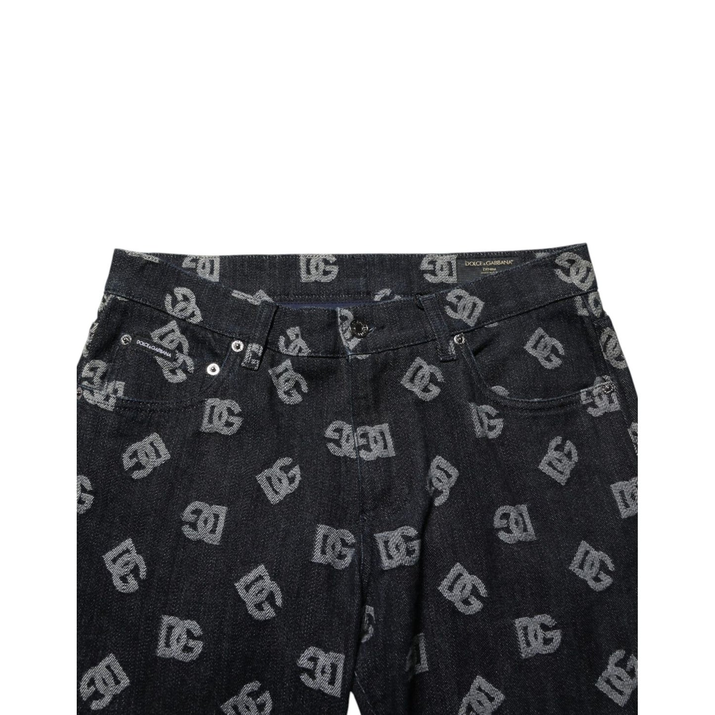 Dolce & Gabbana Black DG Monogram Cotton Skinny Denim Jeans with iconic monogram, crafted for a modern luxury look.