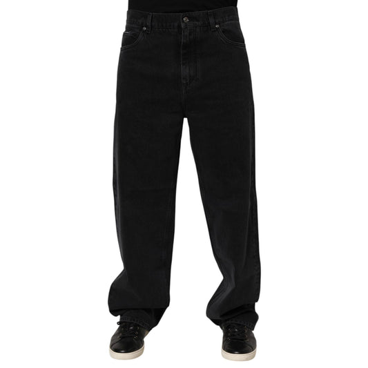 Dolce & Gabbana Black Denim Wide Leg Relaxed Fit Pants Jeans with five-pocket style and back logo plaque, luxurious 100% cotton design.