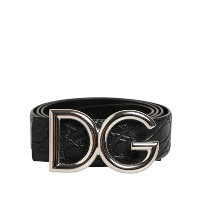 Dolce & Gabbana Black Exotic Leather DG Logo Buckle Belt with silver tone buckle for luxury fashion made in Italy.