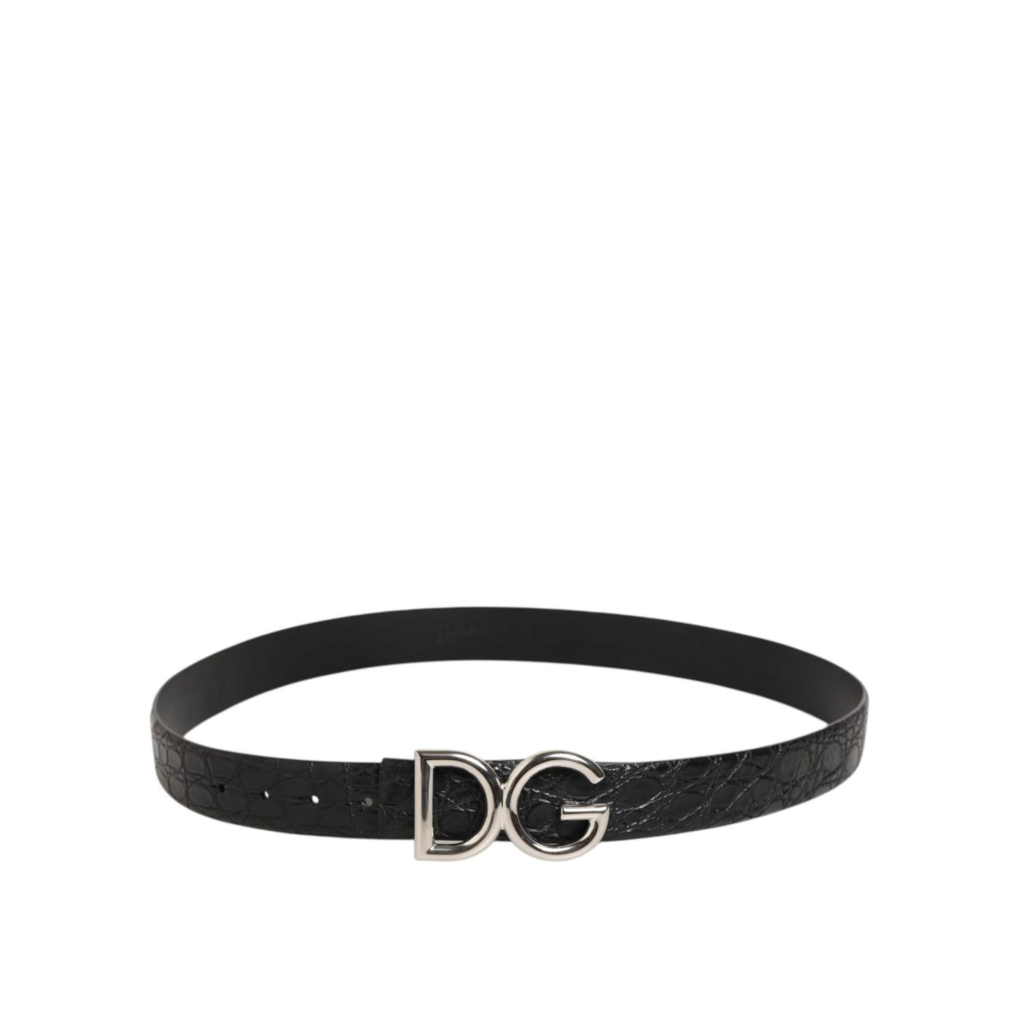 Dolce & Gabbana Black Exotic Leather DG Logo Buckle Belt with silver tone buckle, ideal for casual and formal wear.
