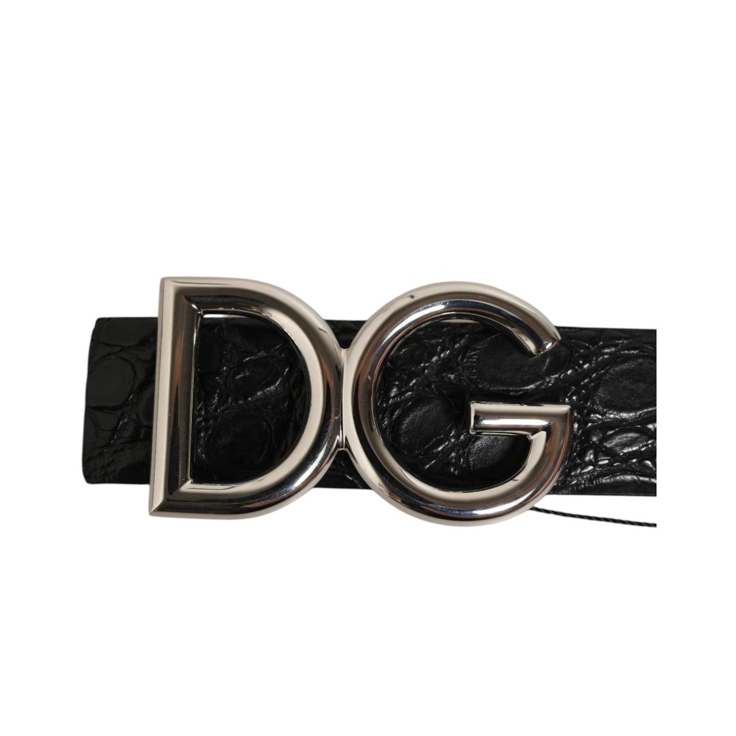 Dolce & Gabbana Black Exotic Leather DG Logo Buckle Belt with silver tone metal logo on black caiman leather.