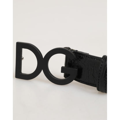 Dolce & Gabbana Black Exotic Leather Metal Logo Buckle Belt with iconic DG logo on genuine crocodile leather.