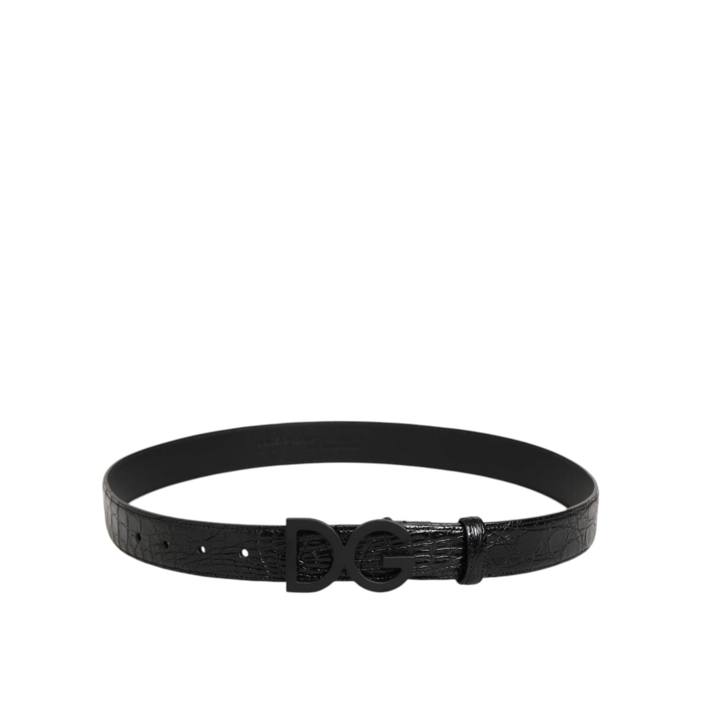 Dolce & Gabbana Black Exotic Leather Metal Logo Buckle Belt in crocodile leather with DG logo.