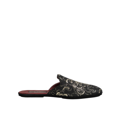 Dolce & Gabbana Black Floral Jacquard Slides Slippers Shoes with elegant slip-on design and luxurious detailing.