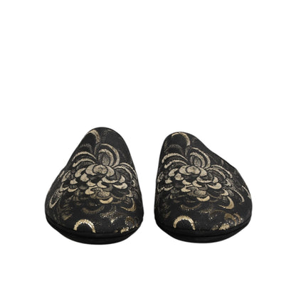Dolce & Gabbana Black Floral Jacquard Slides Slippers Shoes, luxurious slip-on footwear with velvet design and leather sole, front view.