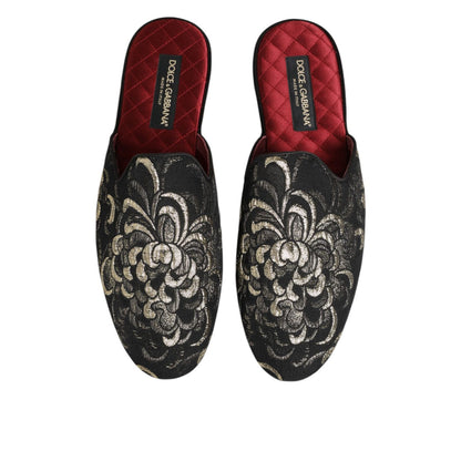Dolce & Gabbana Black Floral Jacquard Slides Slippers Shoes with luxurious design and flat sole, perfect for comfort and style.