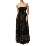 Dolce & Gabbana Black Floral Key Print Crystal Strapless Dress with lace bodice and chiffon skirt, perfect for evening events.
