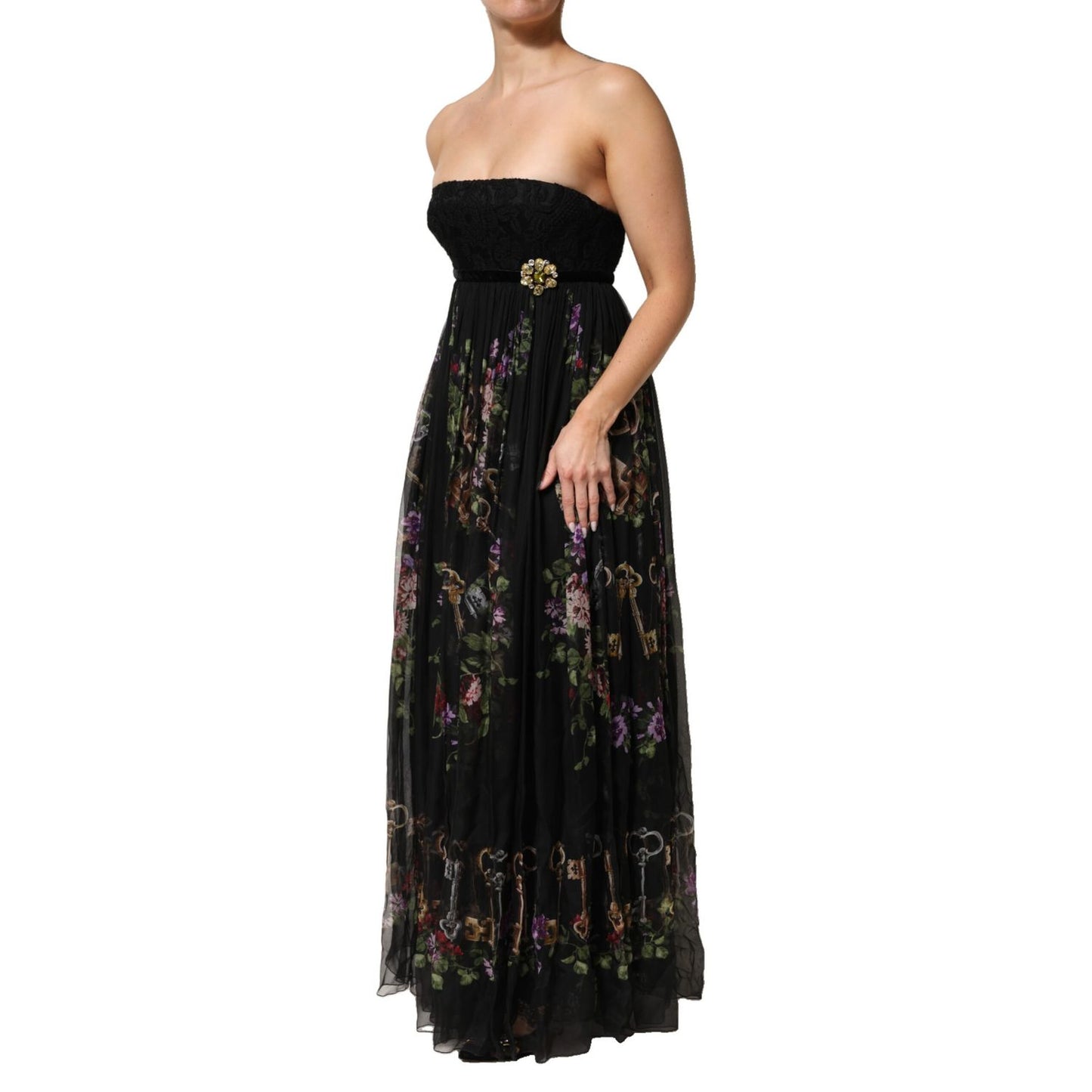 Dolce & Gabbana Black Floral Key Print Crystal Strapless Dress with chiffon skirt and lace bodice, perfect for evening events.