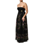 Dolce & Gabbana Black Floral Key Print Crystal Strapless Dress with chiffon skirt and lace bodice, perfect for evening events.