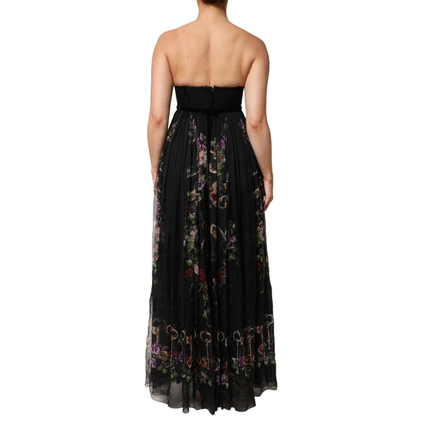Dolce & Gabbana Black Floral Key Print Crystal Strapless Dress featuring chiffon skirt and lace bodice, back view.