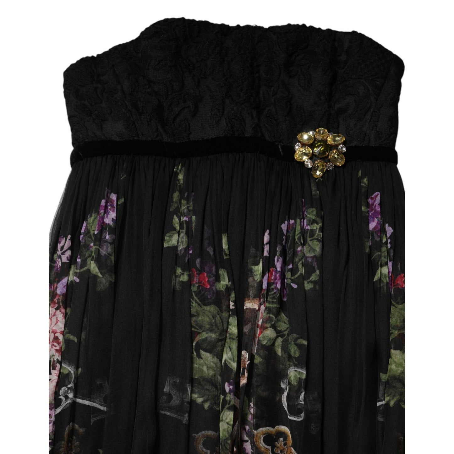 Dolce & Gabbana Black Floral Key Print Crystal Strapless Dress with lace bodice and chiffon skirt, featuring a decorative brooch.