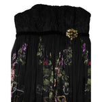 Dolce & Gabbana Black Floral Key Print Crystal Strapless Dress with lace bodice and chiffon skirt, featuring a decorative brooch.