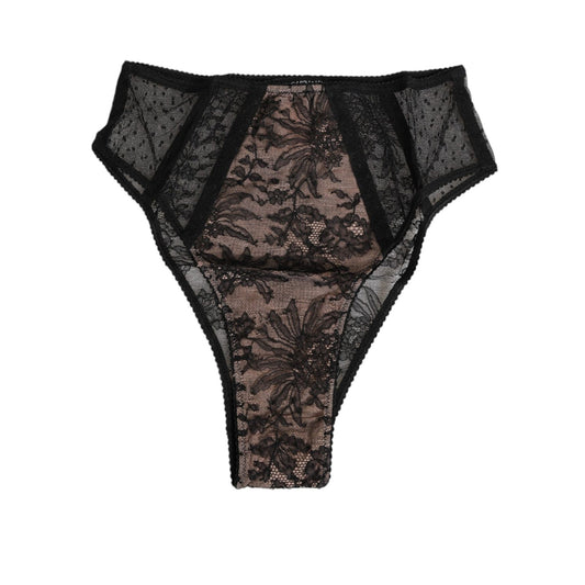 Dolce & Gabbana Black Floral Lace Sheer Mesh High Waist Underwear with embroidered detailing, crafted from premium Italian materials.
