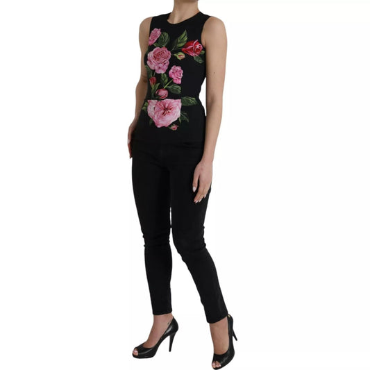 Dolce & Gabbana Black Floral Viscose Round Neck Tank Top worn by a model, showcasing floral print design.
