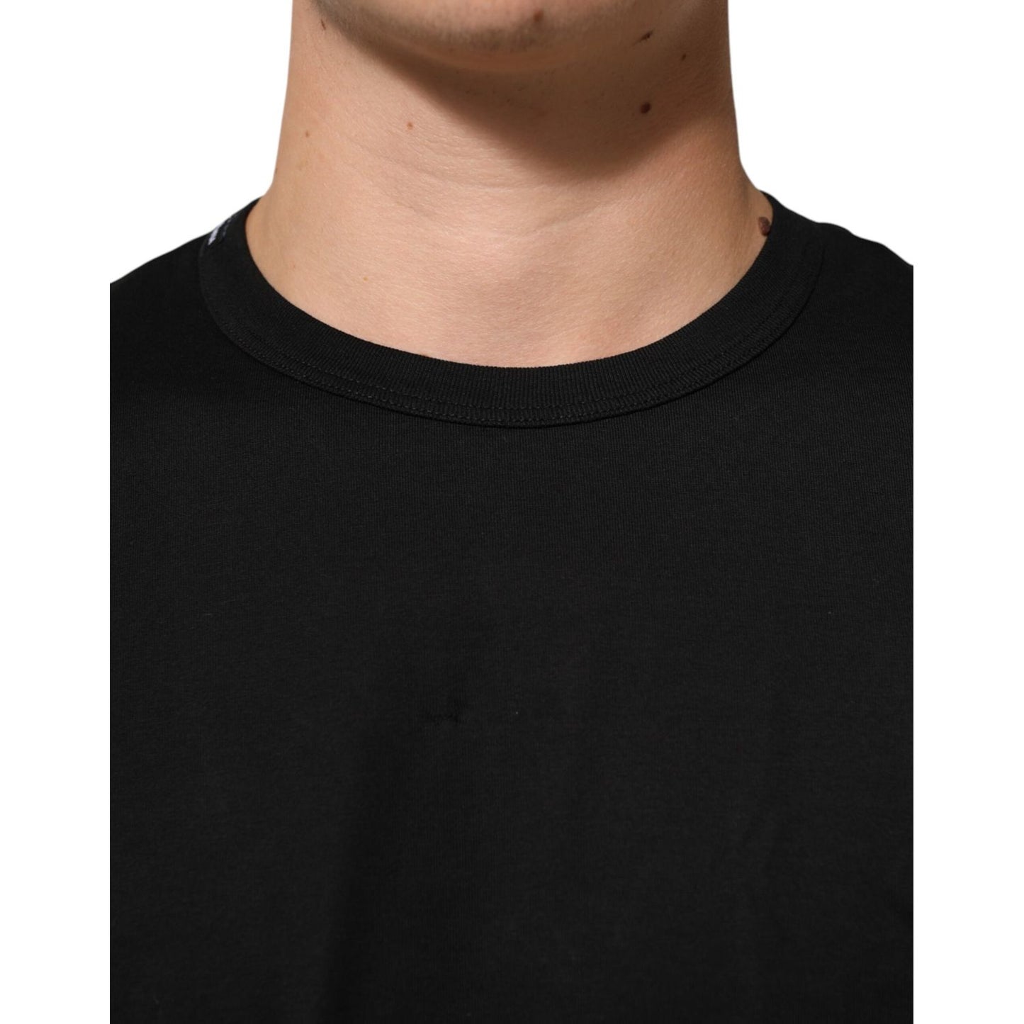 Upper view of Dolce & Gabbana Black Goodluck 2021 Cotton Crew Neck T-shirt, showcasing the crew neck design and premium cotton fabric.