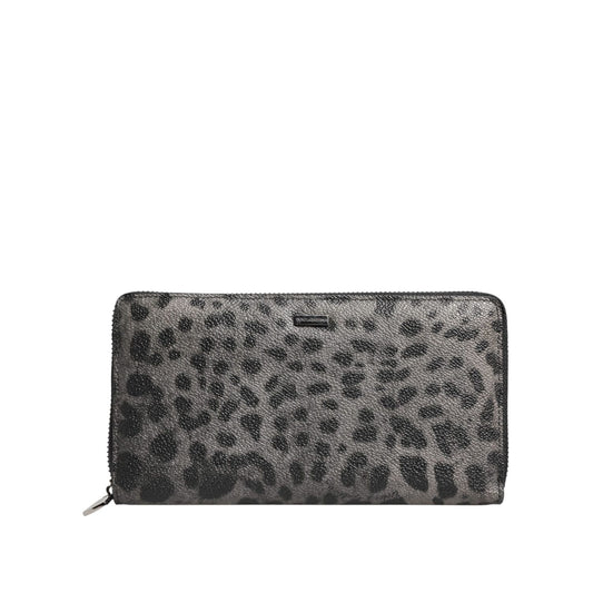 Dolce & Gabbana Black Gray Leopard Leather Zip Around Continental Wallet with zipper closure and logo details.