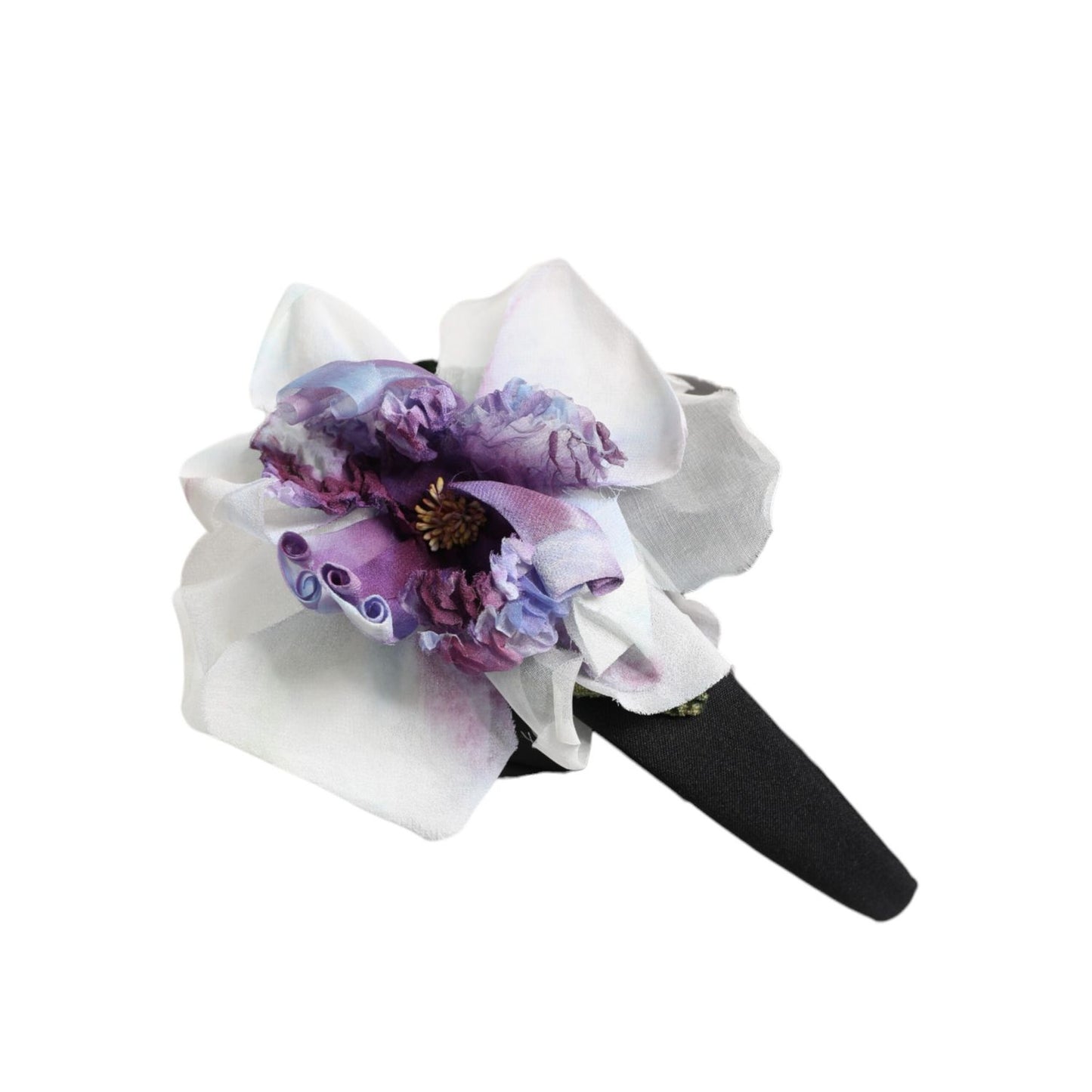 Dolce & Gabbana Black Green Silk Purple White Floral Appliqué Accessory Headband, luxury handcrafted headpiece, elegant design.
