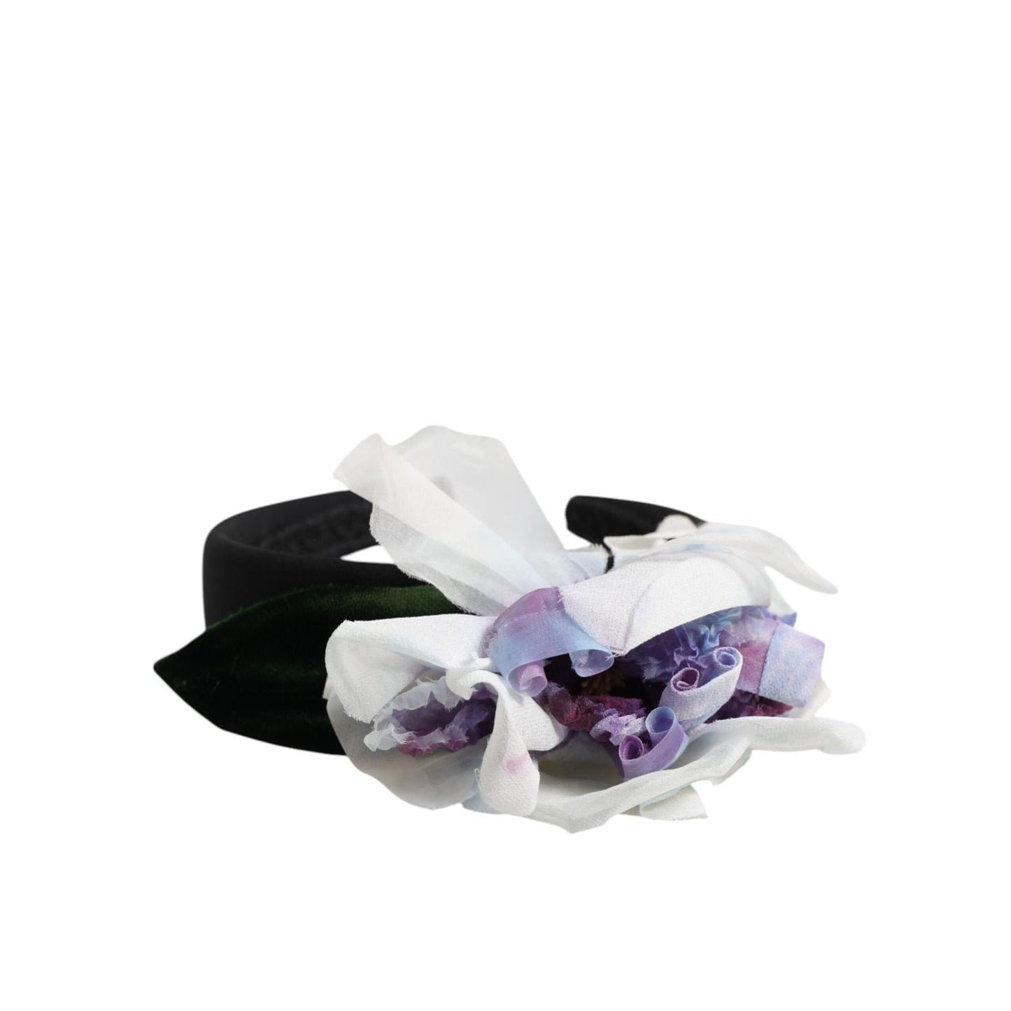 Dolce & Gabbana Black Green Silk Purple White Floral Appliqué Accessory Headband, luxurious Italian handcrafted headband with flower design.