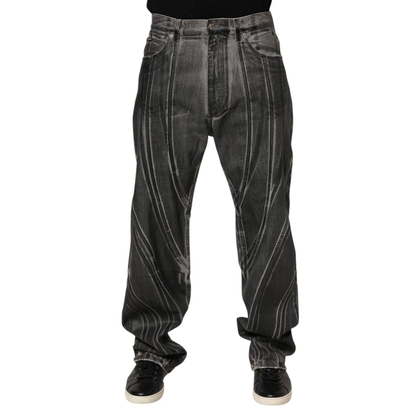 Dolce & Gabbana Black Grey Graphic Print Denim Pants Jeans with bold lines and relaxed fit, featuring logo plaque at back.
