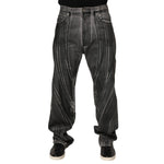 Dolce & Gabbana Black Grey Graphic Print Denim Pants Jeans with bold lines and relaxed fit, featuring logo plaque at back.