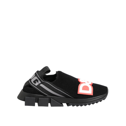 Dolce & Gabbana Black Grey Slip On Sorrento Sneakers Shoes with logo detail on a white background.