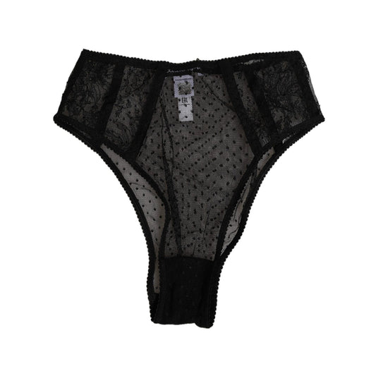 Dolce & Gabbana Black Lace Polka Dot Mesh High Waist Underwear with sheer design and delicate lace accents, showcasing Italian craftsmanship.