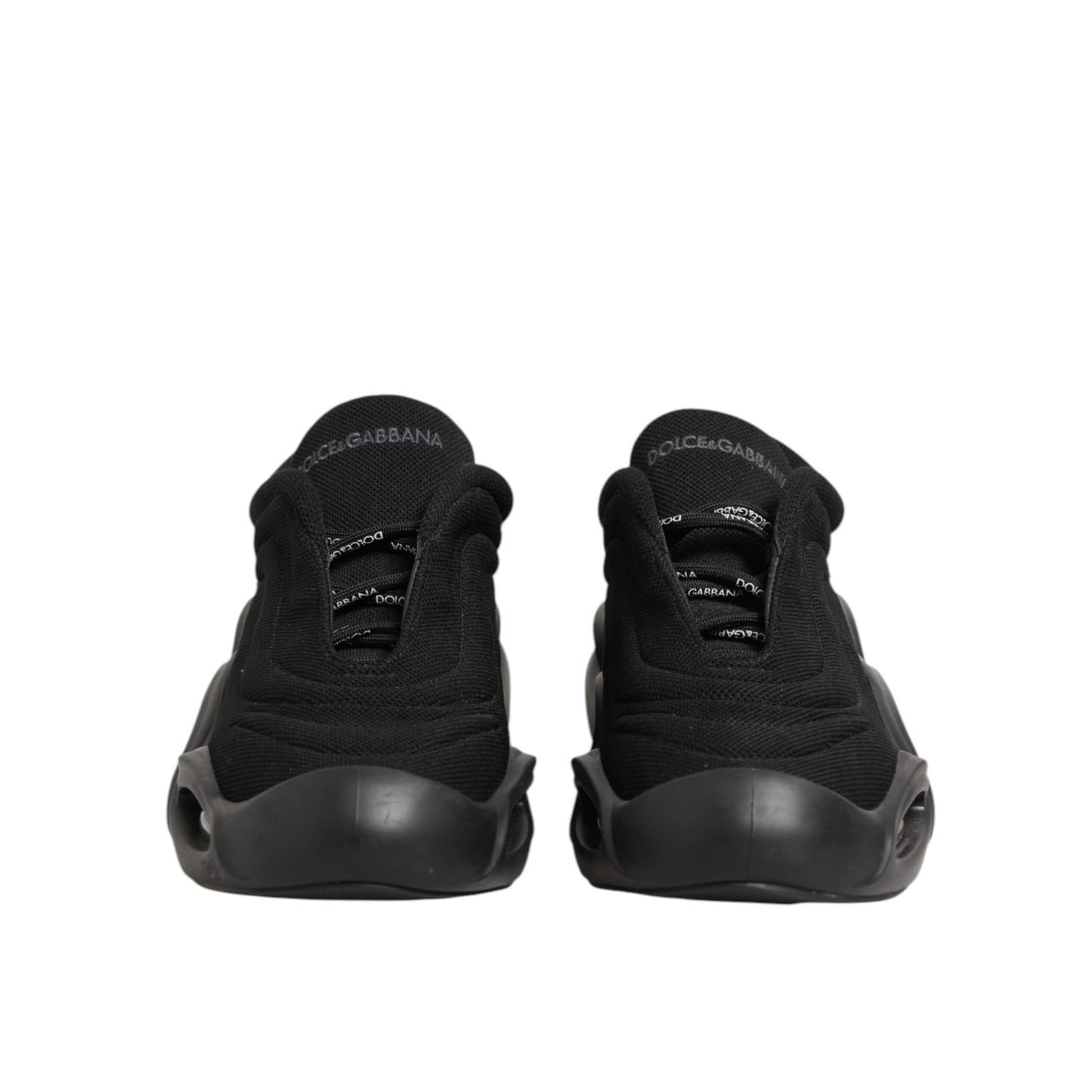 Dolce & Gabbana Black Lace Up Wave Low Top Men Sneaker Shoes, rear view showcasing sleek black design and flexible rubber sole.