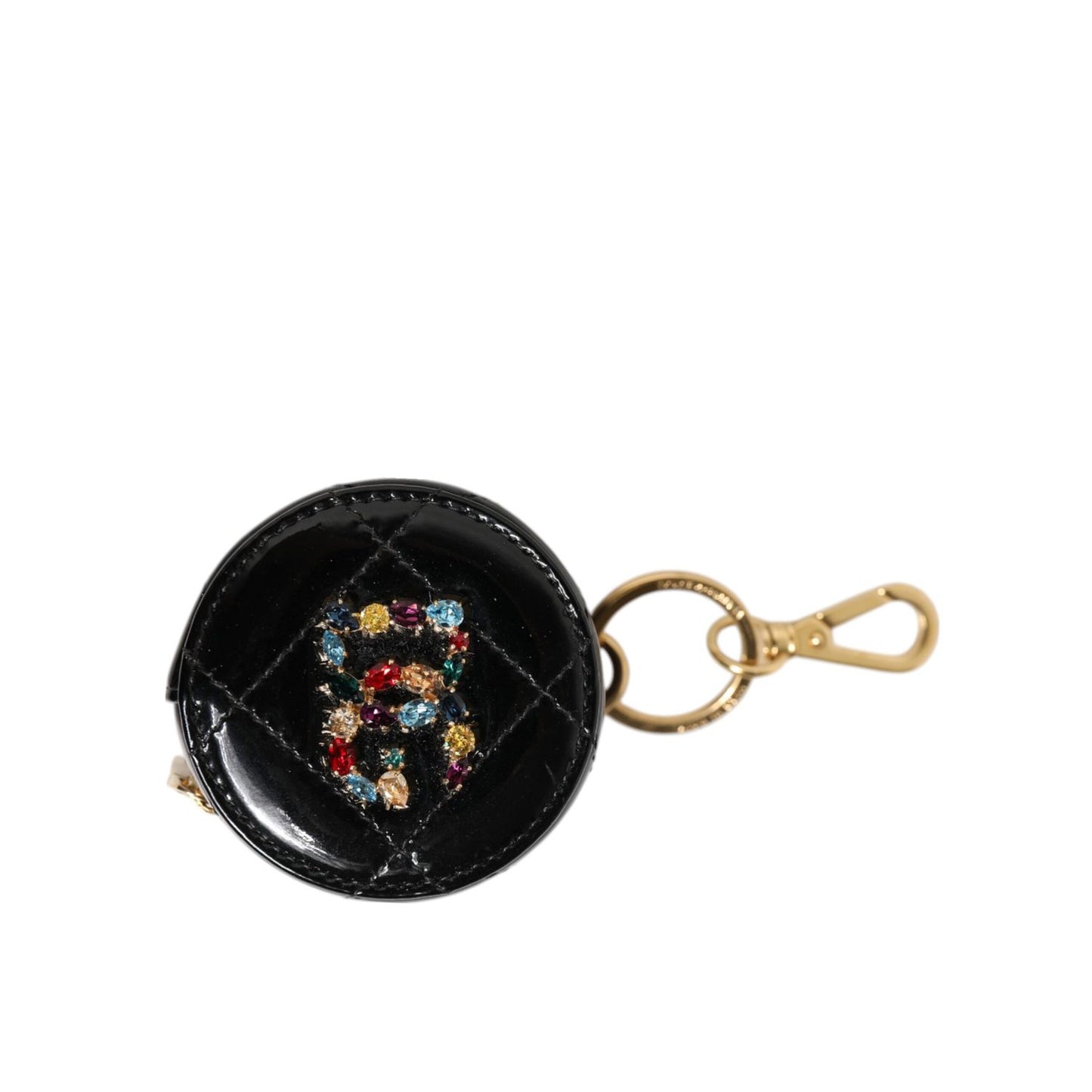 Dolce & Gabbana Black Lamb Leather DG Crystal Logo Round Coin Purse Wallet with gold keychain, multicolor crystal logo, and zip closure.