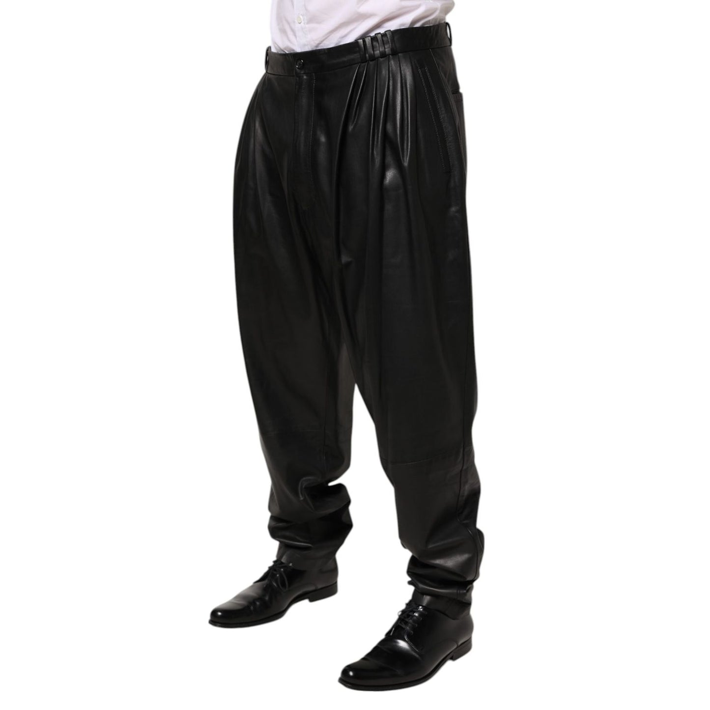 Dolce & Gabbana Black Lamb Leather Trousers Men Pants, luxurious design in supple leather with sleek silhouette, Italian craftsmanship.
