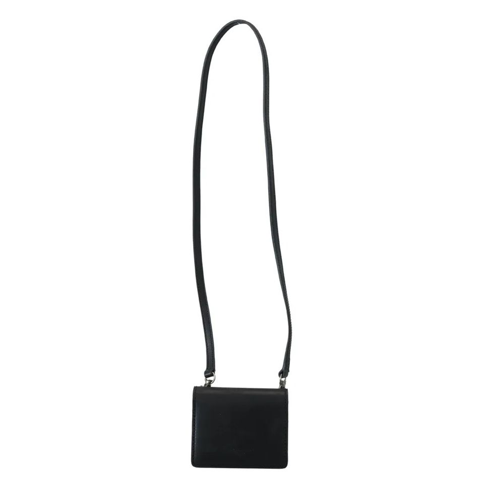 Dolce & Gabbana Black Leather Bifold Shoulder Sling Women Wallet with flap and snap button, silver detailing, logo hardware, 98cm strap.