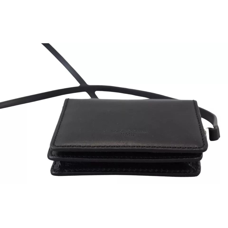 Dolce & Gabbana Black Leather Bifold Shoulder Sling Women Wallet with silver detailing and leather strap