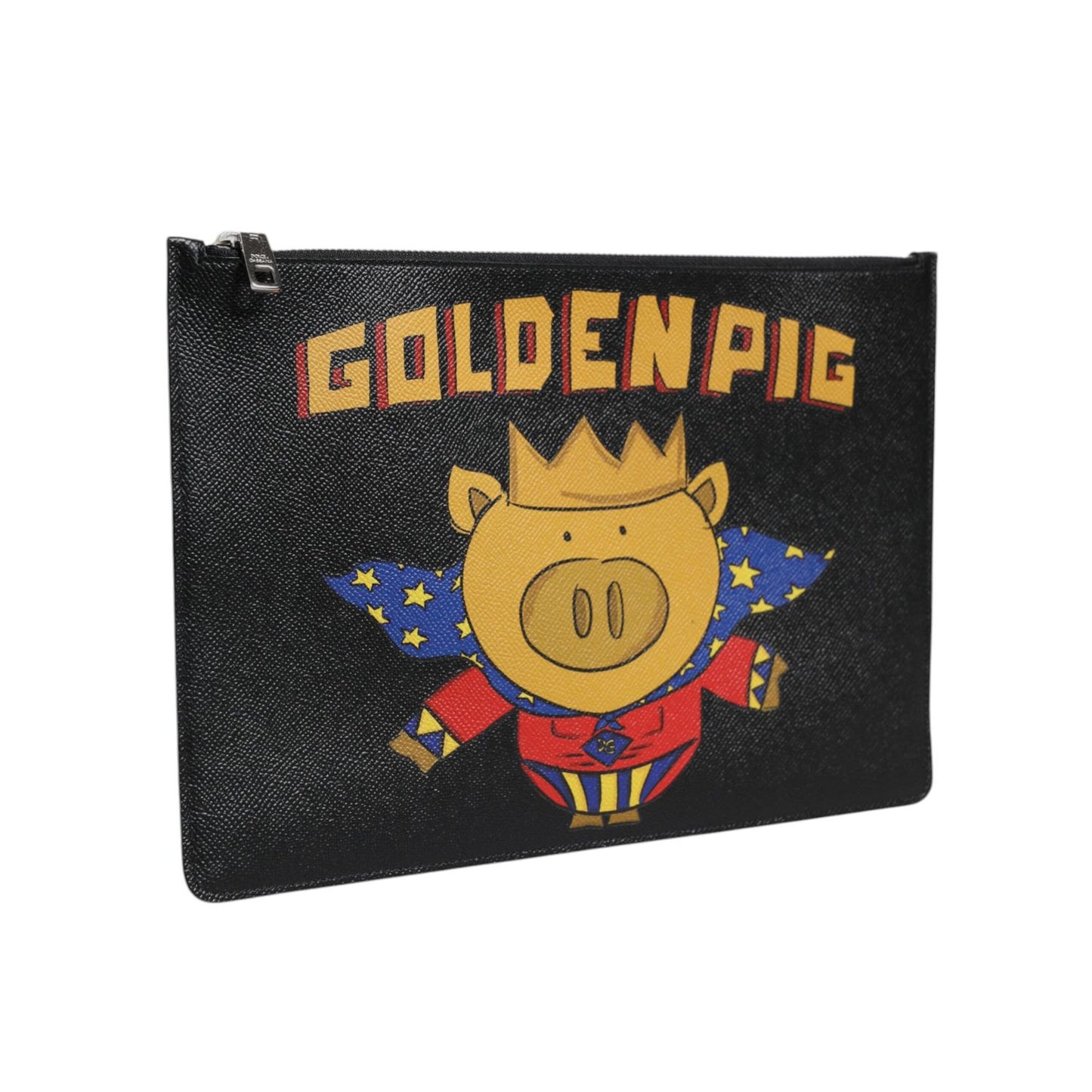Dolce & Gabbana Black Leather Golden Pig Print Men Clutch Pouch Borse Bag