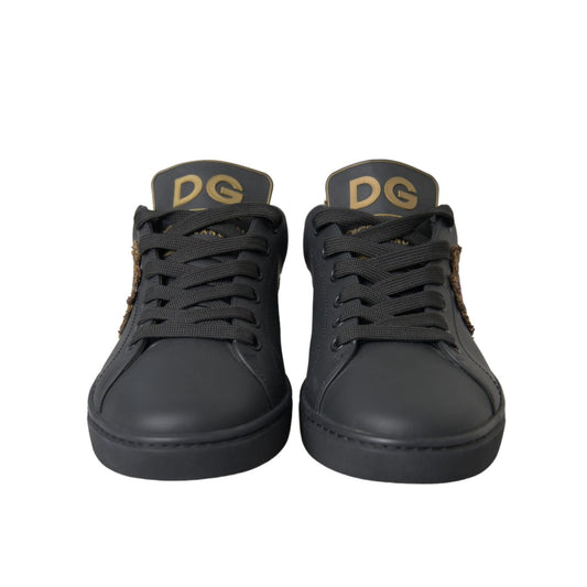 Dolce & Gabbana Black Leather Heart Embellished Sneakers Shoes front view with logo detail.