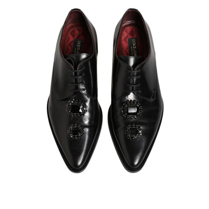 Dolce & Gabbana Black Leather Jeweled Crystals Derby Shoes