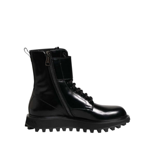 Dolce & Gabbana Black Leather Lace Up Mid Calf Boots Shoes with logo details, made in Italy, stylish design suitable for men's fashion.