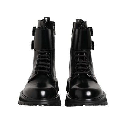 Dolce & Gabbana Black Leather Lace Up Mid Calf Boots Shoes