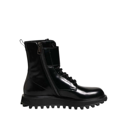 Dolce & Gabbana Black Leather Lace Up Mid Calf Boots Shoes