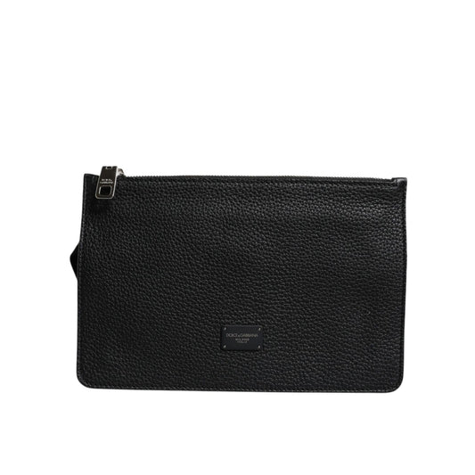 Dolce & Gabbana Black Leather Logo Embossed Waist Fanny Pack Borse Bag front view with zipper and logo detail.