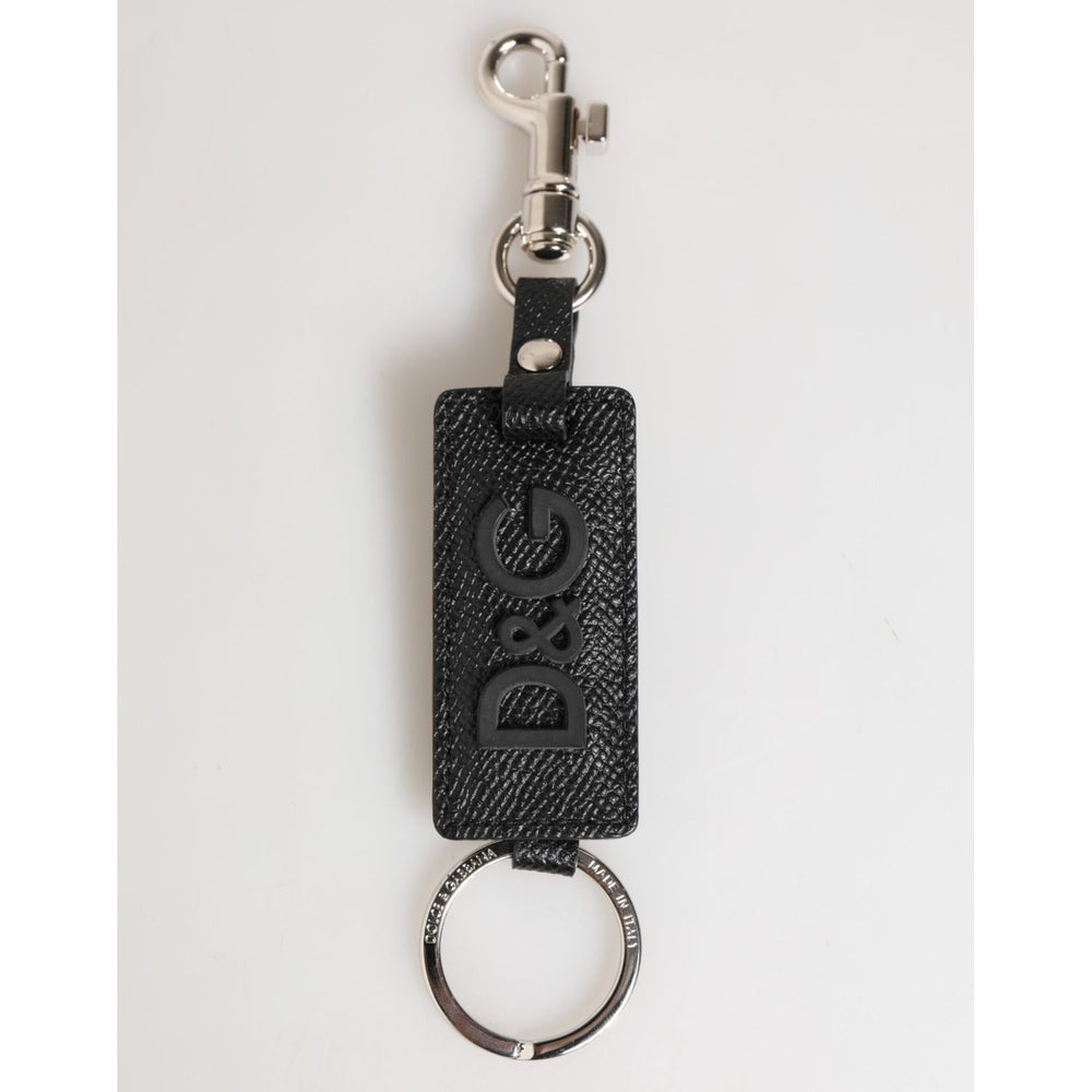 Dolce & Gabbana Black Leather Logo Metal Ring Keychain Holder Keyring with D&G engraving and silver metal clip
