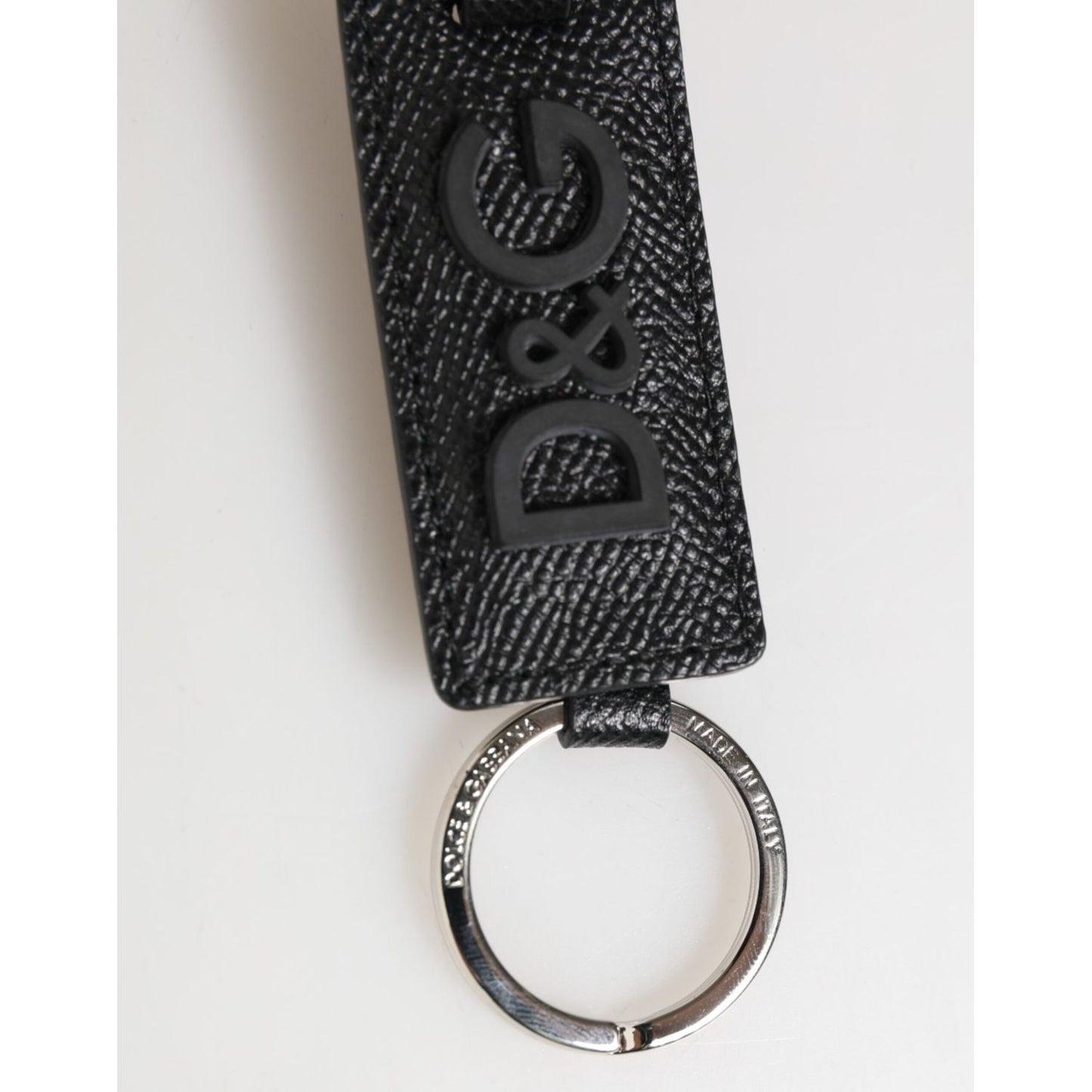 Dolce & Gabbana Black Leather Logo Metal Ring Keychain Holder Keyring featuring logo-engraved silver metal ring and stylish design.