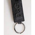 Dolce & Gabbana Black Leather Logo Metal Ring Keychain Holder Keyring featuring logo-engraved silver metal ring and stylish design.