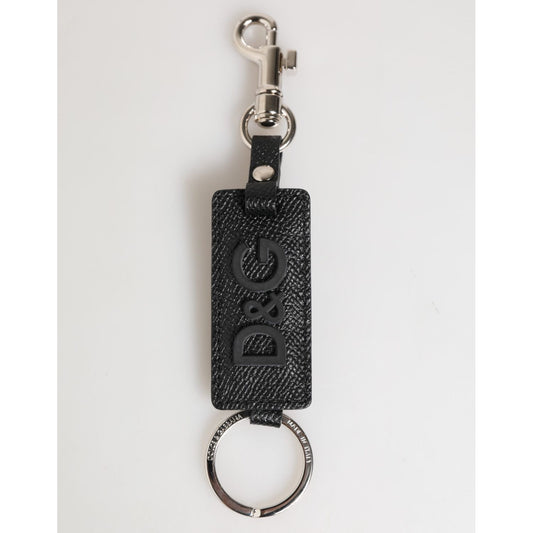Dolce & Gabbana Black Leather Logo Metal Ring Keychain Holder Keyring with D&G engraving and silver metal clip