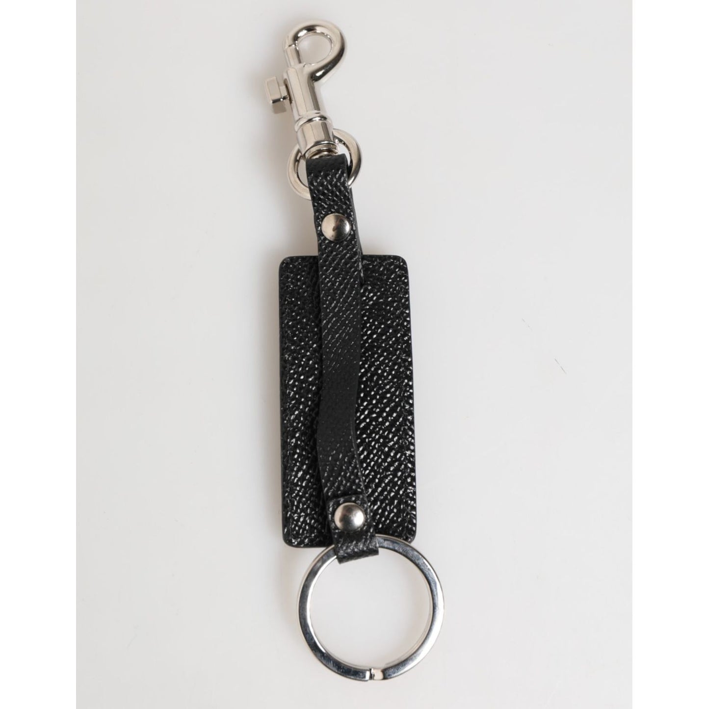 Dolce & Gabbana Black Leather Logo Metal Ring Keychain Holder Keyring with silver detailing, elegant and sophisticated accessory.