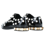 Dolce & Gabbana Black Leather Oxfords And Derby embellished with white beads, made in Italy, featuring narrow toe design.