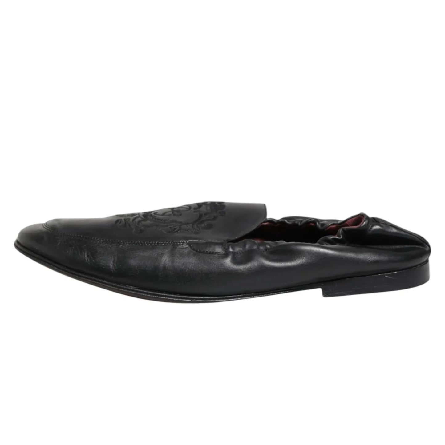 Dolce & Gabbana Black Leather Slip On Men Flat Loafers Shoes, 100% calfskin, lightly preowned, logo detail, made in Italy.
