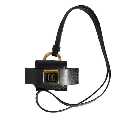 Dolce & Gabbana Black Leather Strap Gold Metal DG Logo Plaque Airpods Case with minor scratches on the metal logo, elegant design.