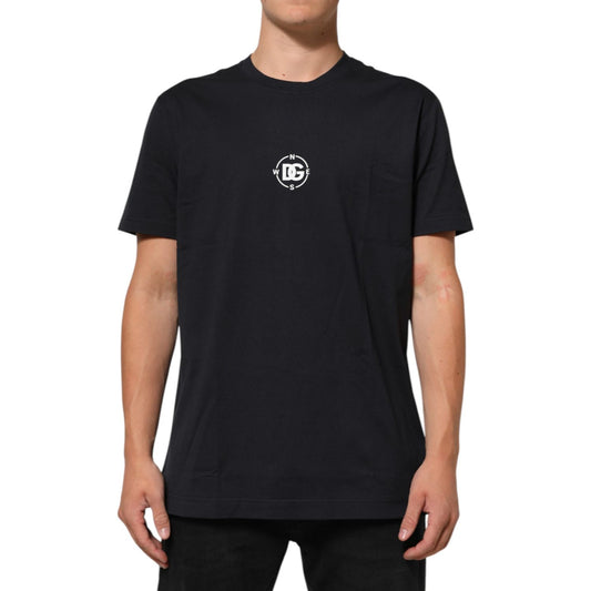 Dolce & Gabbana Black Logo Compass Cotton Crew Neck T-shirt with bold print and short sleeves, modeled on neutral background.